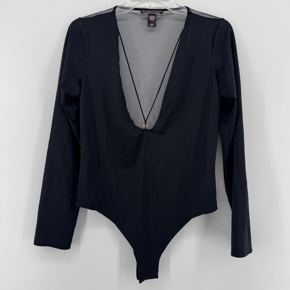 Victoria's Secret Bodysuit Womens Large Black Deep V Mesh Long Sleeve Gold Ring
